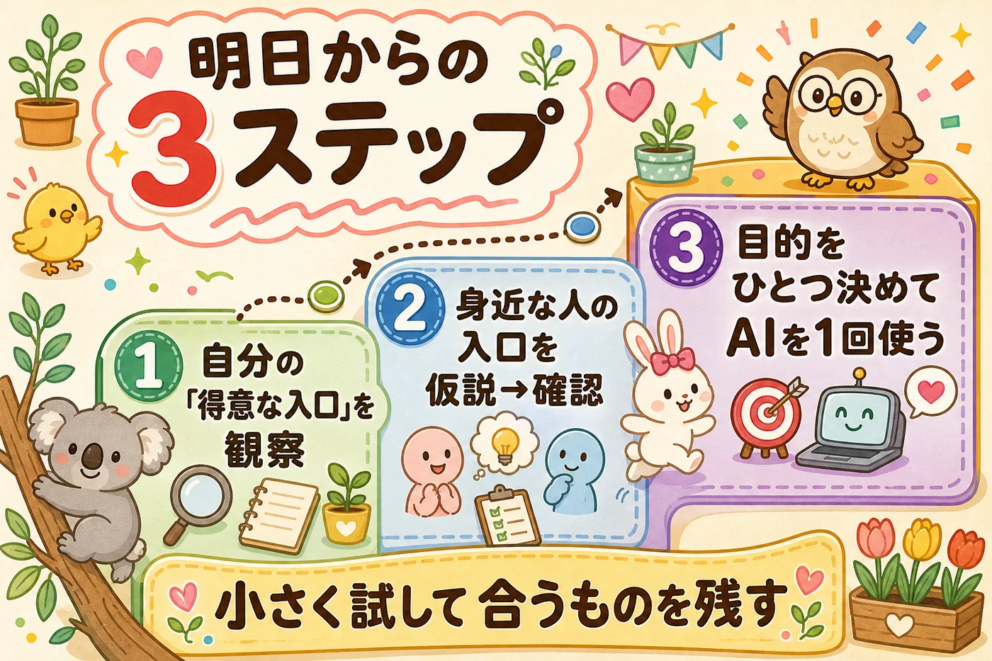 得意な入口を観察する・身近な人の入口を仮説にして確かめる・目的を決めてAIを1回使う、という3ステップを階段状に描いた図解